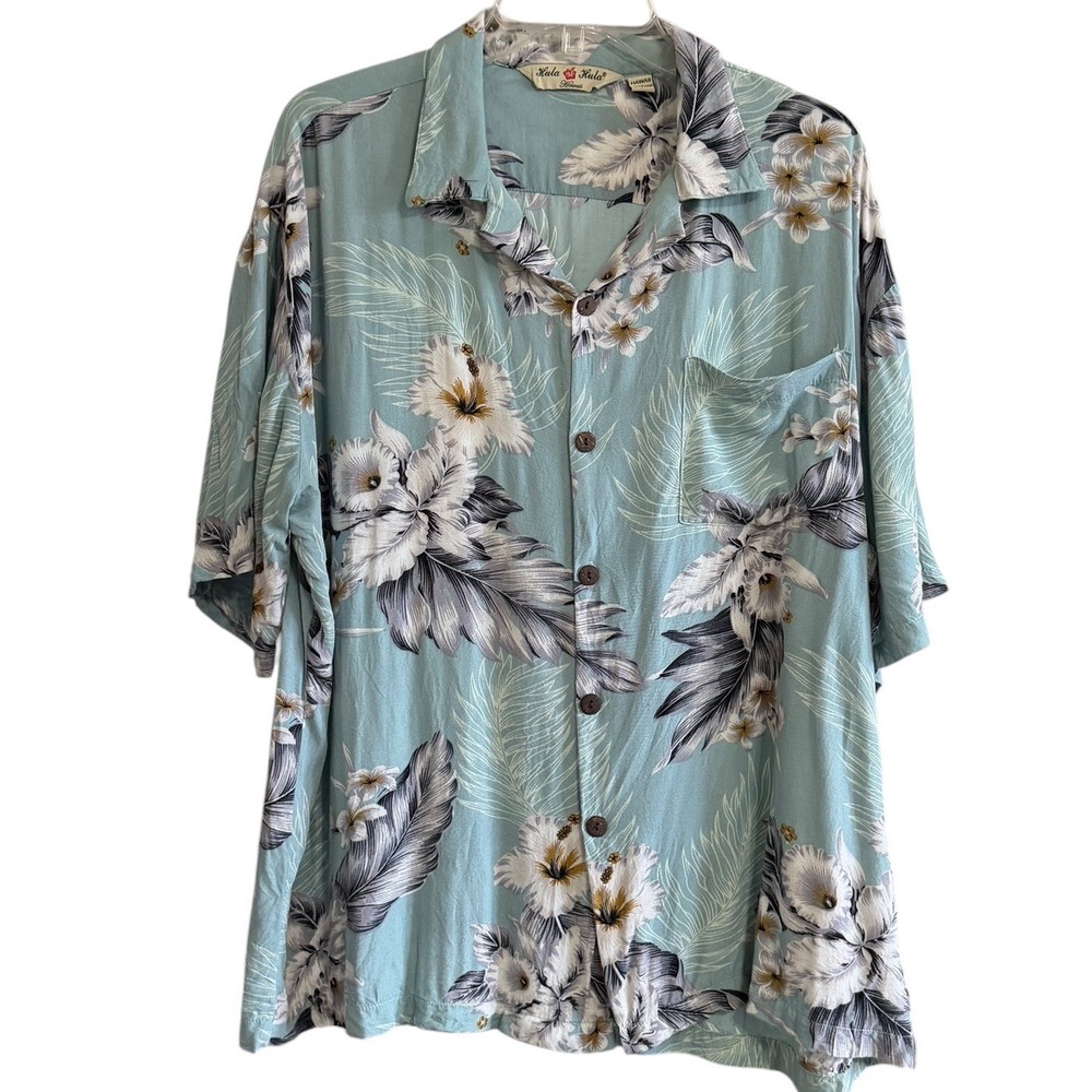 Hula Hula Hawaii Mens Large Blue Floral Rayon Aloha Shirt Coconut Buttons